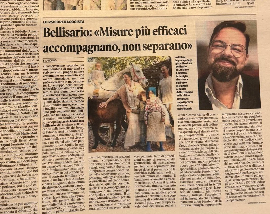 Rassegna stampa dell'intervento di Gian Luca Bellisario sul caso della famiglia nel bosco, fotografata dall'edizione del quotidiano Il Centro